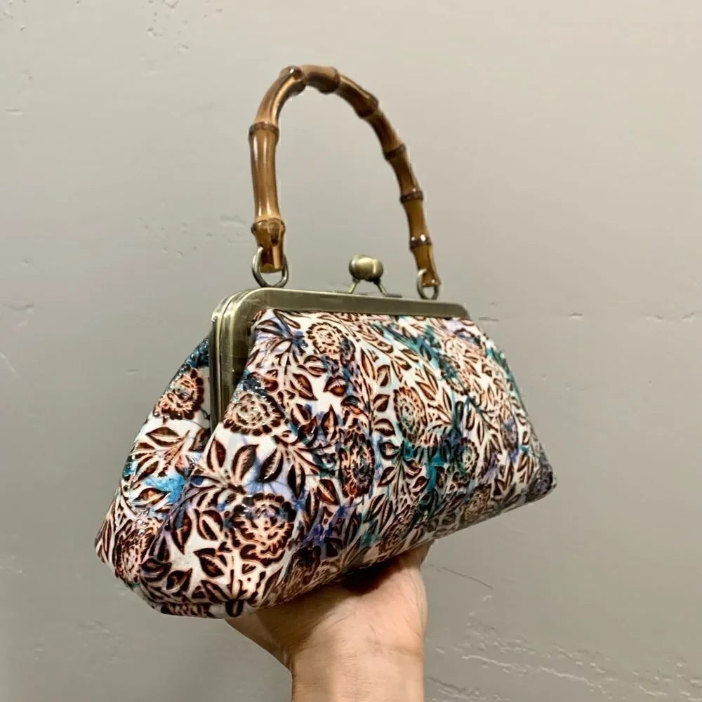 Handmade Genuine Leather Floral Embossed Real bamboo Handle Satchel/Crossbody